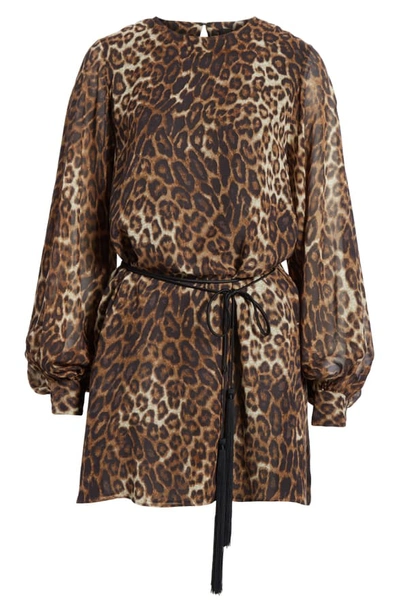 Shop Nili Lotan Rebeca Leopard Print Silk Long Sleeve Minidress In Brown Leopard Print