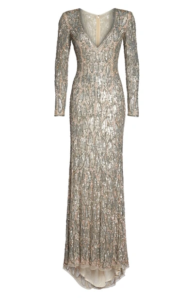 Shop Mac Duggal Beaded Long Sleeve Gown In Vintage Taupe