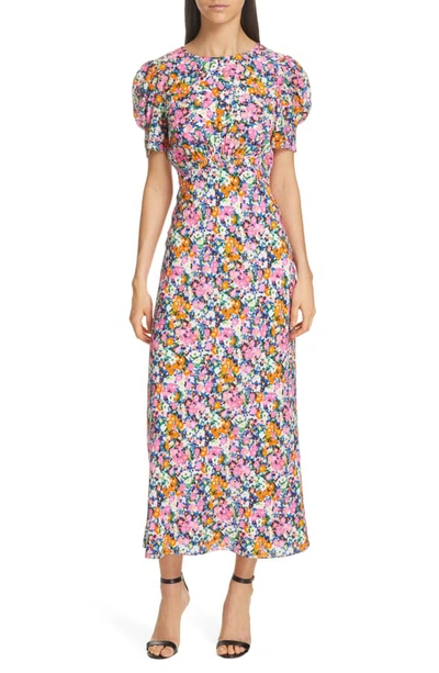 Saloni Bianca Floral-print Silk Crepe De Chine Midi Dress In Pink Rosette