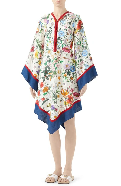 Shop Gucci Flora Print Long Sleeve Linen Dress In Ivory Print/ Mix