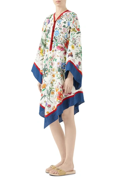 Shop Gucci Flora Print Long Sleeve Linen Dress In Ivory Print/ Mix