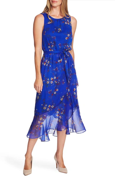 Shop Vince Camuto Floral Belted Ruffle Chiffon Dress In Electric Blue