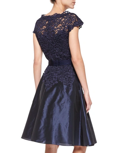 Shop Rickie Freeman For Teri Jon Cap-sleeve Lace Taffeta Shirtdress In Navy