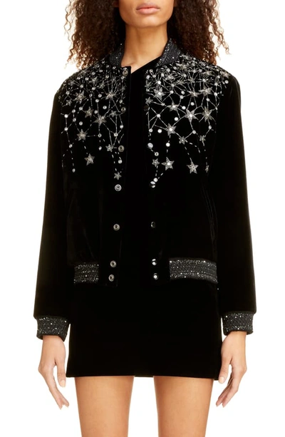 Shop Saint Laurent Teddy Embellished Velvet Bomber Jacket In Noir