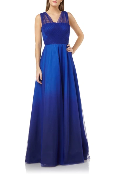 Shop Carmen Marc Valvo Infusion Ombre Tulle & Mikado Gown In Black/ Cobalt
