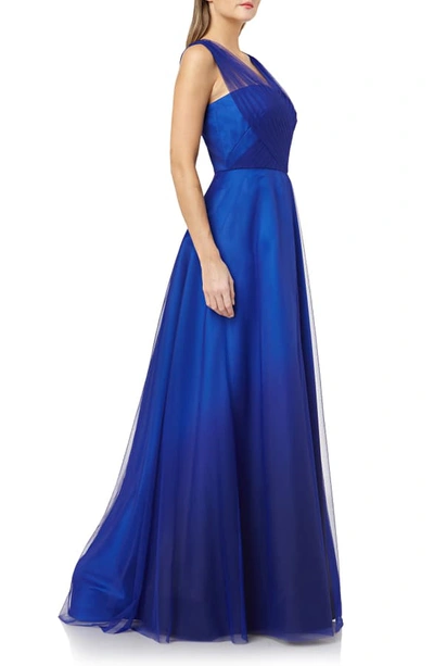 Shop Carmen Marc Valvo Infusion Ombre Tulle & Mikado Gown In Black/ Cobalt