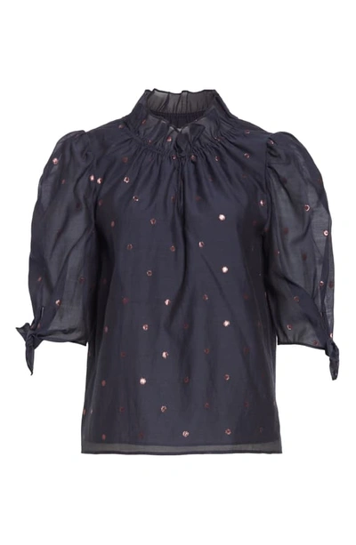 Shop Rebecca Taylor Metallic Clip Dot Cotton & Silk Blend Top In Navy Combo