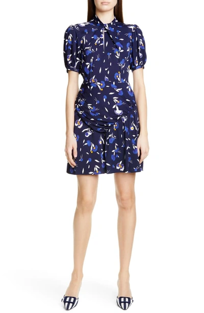 Shop Self-portrait Floral Puff Sleeve Jersey Crepe Minidress In Navy