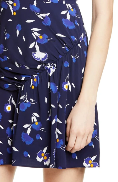 Shop Self-portrait Floral Puff Sleeve Jersey Crepe Minidress In Navy