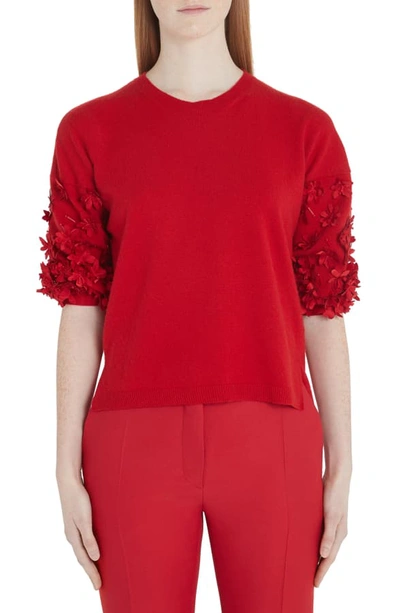 Shop Valentino Flower Embellished Wool & Cashmere Sweater In 157-red