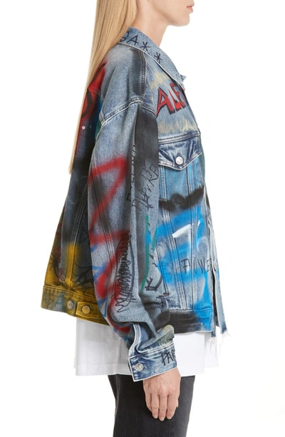 Shop Balenciaga Graffiti Print Denim Jacket In Dirt Light Vintage Blue