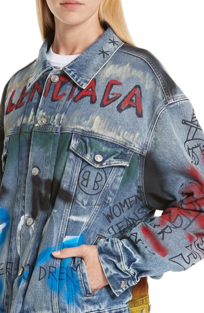 Shop Balenciaga Graffiti Print Denim Jacket In Dirt Light Vintage Blue