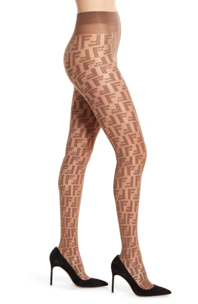 Shop Fendi Double F Logo Tights In Beige