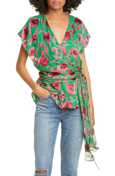 Shop Alice And Olivia Essie Plunge Silk Blend Burnout Tie Top In Poppy Garden Emerald