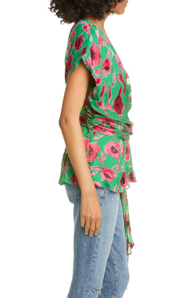 Shop Alice And Olivia Essie Plunge Silk Blend Burnout Tie Top In Poppy Garden Emerald