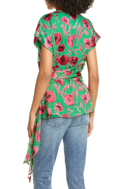 Shop Alice And Olivia Essie Plunge Silk Blend Burnout Tie Top In Poppy Garden Emerald