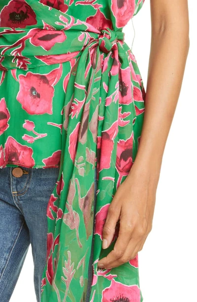 Shop Alice And Olivia Essie Plunge Silk Blend Burnout Tie Top In Poppy Garden Emerald