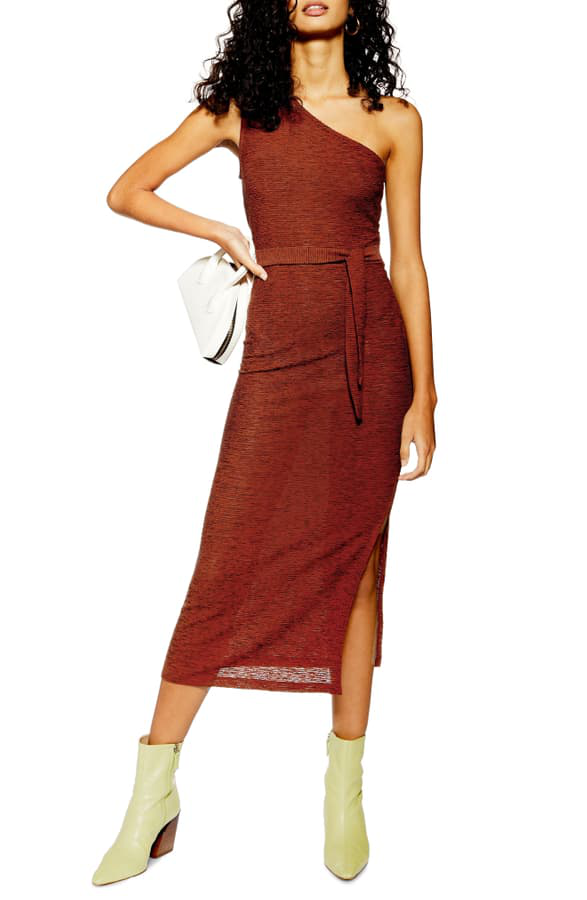 Topshop Texture Stripe One Shoulder Midi Dress In Rust | ModeSens