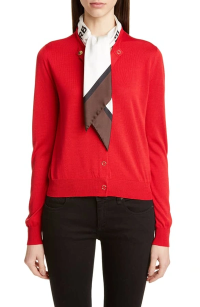 Shop Burberry Silk Cardigan With Horseferry Print Scarf In Bright Red