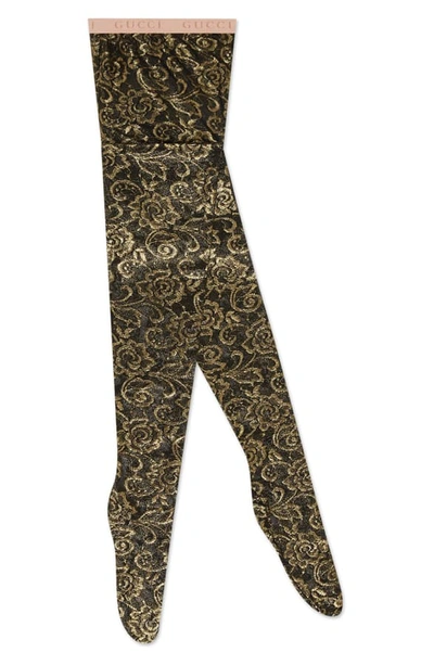 Shop Gucci Floral Metallic Tights In Black/ Yellow