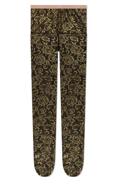 Shop Gucci Floral Metallic Tights In Black/ Yellow