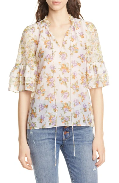 Shop Alice And Olivia Julius Tiered Sleeve Floral Blouse In Hibiscus Flower Cream/ Multi