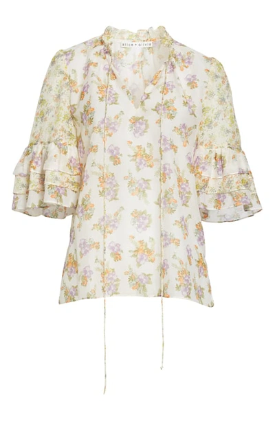 Shop Alice And Olivia Julius Tiered Sleeve Floral Blouse In Hibiscus Flower Cream/ Multi