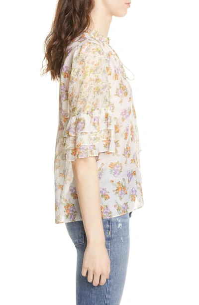 Shop Alice And Olivia Julius Tiered Sleeve Floral Blouse In Hibiscus Flower Cream/ Multi