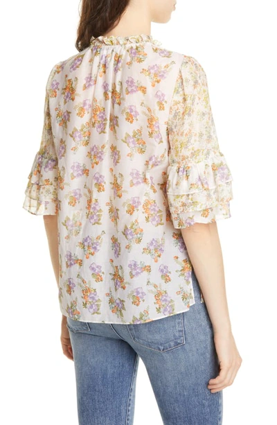 Shop Alice And Olivia Julius Tiered Sleeve Floral Blouse In Hibiscus Flower Cream/ Multi