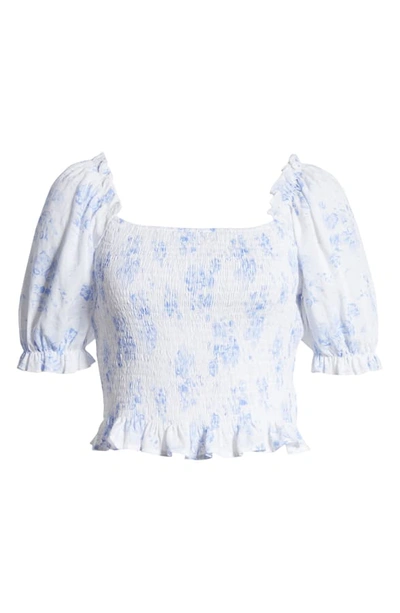Shop English Factory Floral Smocked Cotton Blend Blouse In Blue