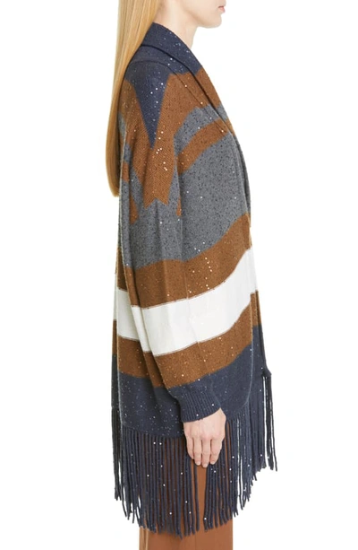 Shop Brunello Cucinelli Fringe Trim Sequin Stripe Wool & Silk Cardigan In Midnight