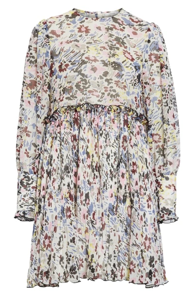 Shop Ganni Long Sleeve Floral Print Georgette Dress In Egret