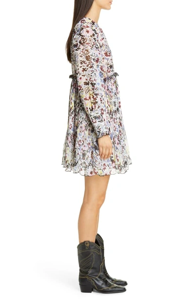 Ganni Printed Long-sleeve Pleated Georgette Mini Dress In Ivory,floral |  ModeSens