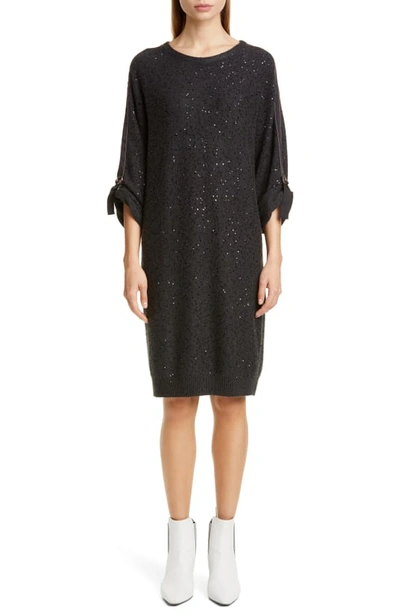 Shop Brunello Cucinelli Sequin Cashmere & Silk Sweater Dress In Onyx