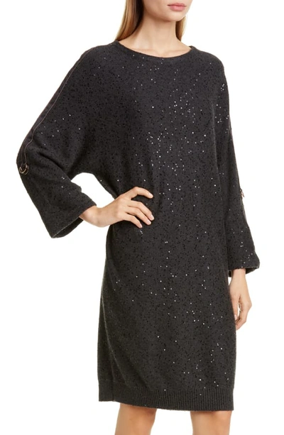 Shop Brunello Cucinelli Sequin Cashmere & Silk Sweater Dress In Onyx