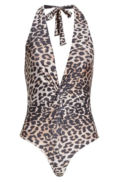 Shop Ganni Leopard Print Plunge Neck One-piece Swimsuit