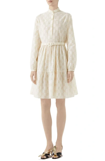 Shop Gucci Micro Gg Broderie Anglaise Long Sleeve Dress In Natural White