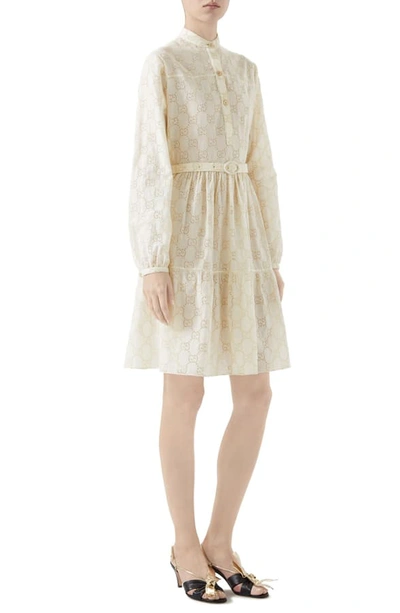 Shop Gucci Micro Gg Broderie Anglaise Long Sleeve Dress In Natural White