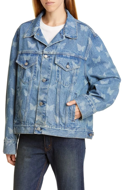 Shop Sandy Liang Morpho Butterfly Print Denim Jacket In Portland Wash/ Butterfly Laser