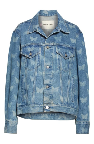 Shop Sandy Liang Morpho Butterfly Print Denim Jacket In Portland Wash/ Butterfly Laser