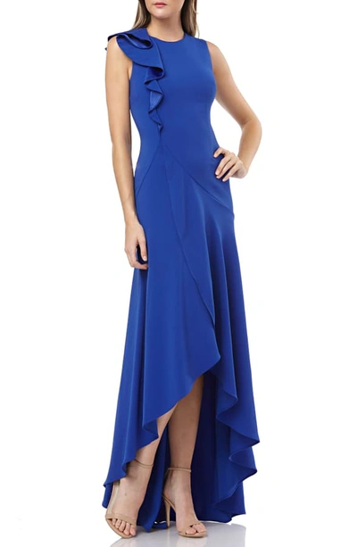 Shop Carmen Marc Valvo Infusion Ruffle Shoulder High/low Gown In Cobalt