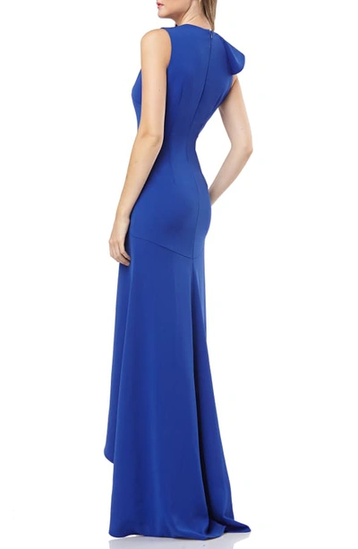 Shop Carmen Marc Valvo Infusion Ruffle Shoulder High/low Gown In Cobalt
