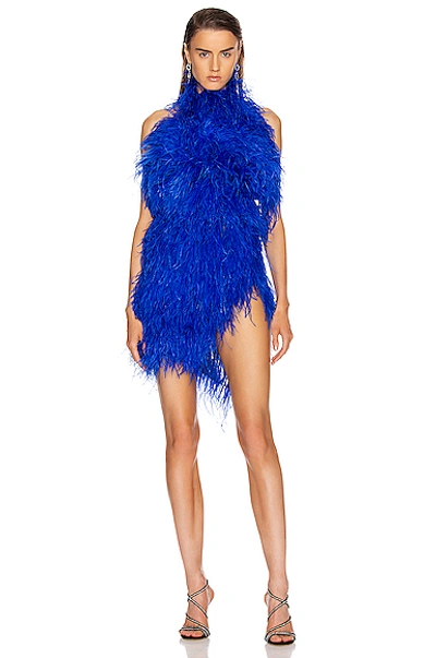 Shop Attico Ostrich Feather Mini Dress In Electric Blue