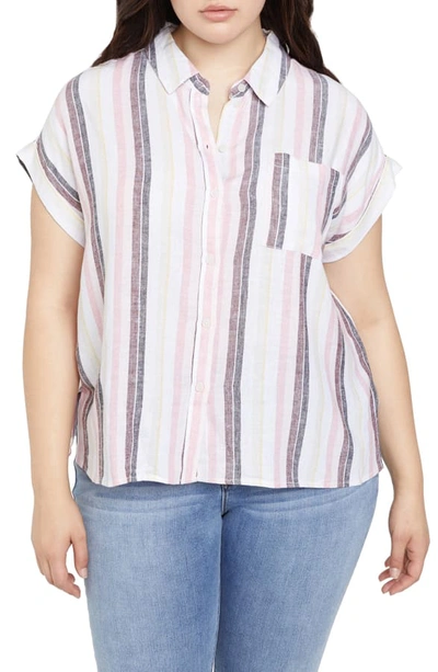 Shop Sanctuary Mod Short Sleeve Boyfriend Linen Blend Shirt In Sunset Stripe
