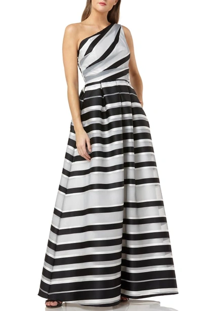 Shop Carmen Marc Valvo Infusion Stripe One-shoulder Ballgown In Black/ White