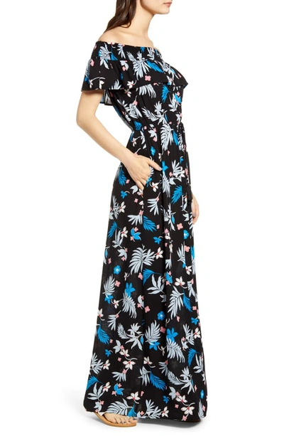 Shop Band Of Gypsies Floral Print Off The Shoulder Maxi Dress In Black/ Light Blue