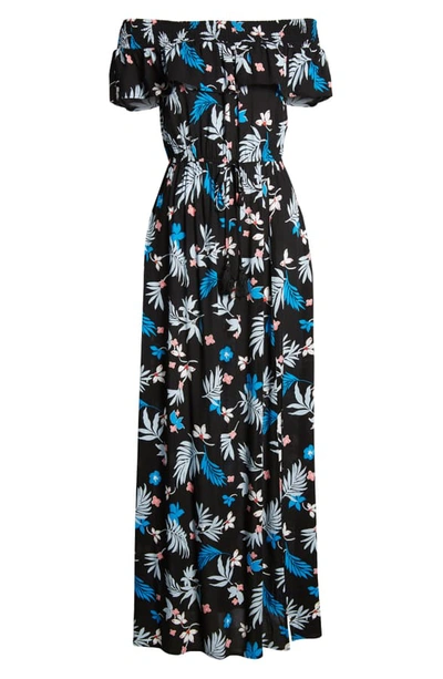 Shop Band Of Gypsies Floral Print Off The Shoulder Maxi Dress In Black/ Light Blue