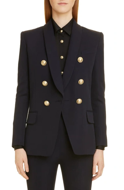 Shop Balmain Double Breasted Wool Jacket In 6uc Marine