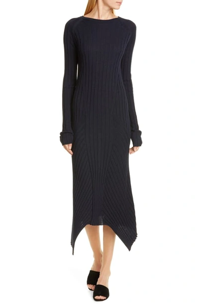 Shop Helmut Lang Long Sleeve Rib Wool Sweater Dress In Ink