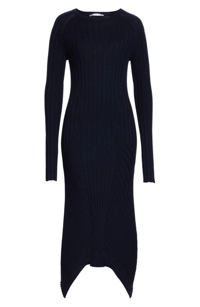 Shop Helmut Lang Long Sleeve Rib Wool Sweater Dress In Ink